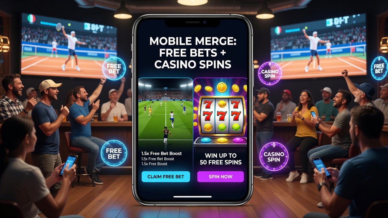 Illustration der Synchronisation von Sportwetten und Casino-Boni auf einem Smartphone während Tennis-Events