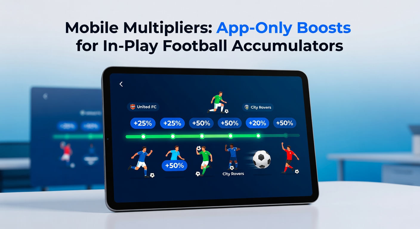 Grafik mit explodierenden Multiplier-Symbolen über einem Fußballfeld auf einem Mobilbildschirm, umgeben von Live-Quote-Anzeigen